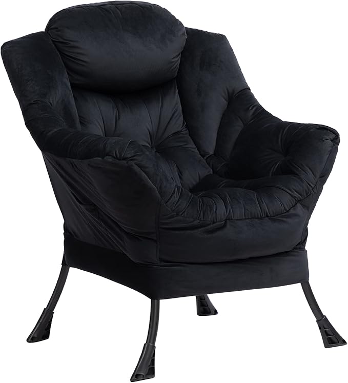 HollyHOME Lazy Chair with Armrest and Side Pocket, Comfy Accent Lounge Chair,Leisure Sofa Armchair for Living Room, Bedroom, Dorm, or Small Spaces, Oversized Reading Sofa Chair,Velvet Black