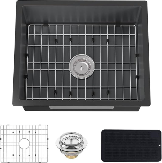 Black Kitchen Bar Sink Combo - 22x18 Inch Stainless Steel Undermount Single Bowl Modern Sink with SS Grid, Silicon Mat, Drain Strainer Set