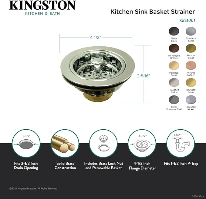 Kingston Brass KBS1001 Kitchen Sink Basket Strainer, Polished Chrome