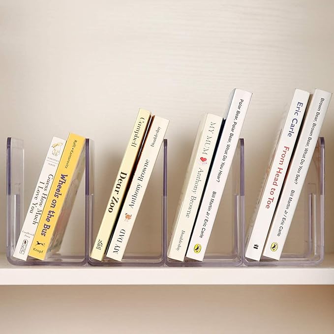 YAGELI Clear Acrylic Purse Organizer for Closet, 3-4 Section Desk File Sorter, 2.95" Wide Slots for Clutches, Handbags, Binders & Folders, Sturdy Stackable Bookshelf Organizer, 4-Pack (4 Sections)