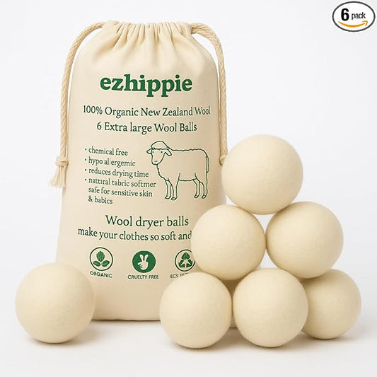 Ezhippie Quality Wool Dryer Balls - 6 XL Pack - 1000+ Loads - Pure Organic Wool - Reusable Natural Fabric Softener Perfect with Essential Oils, Reduce Clothing Static and Wrinkles