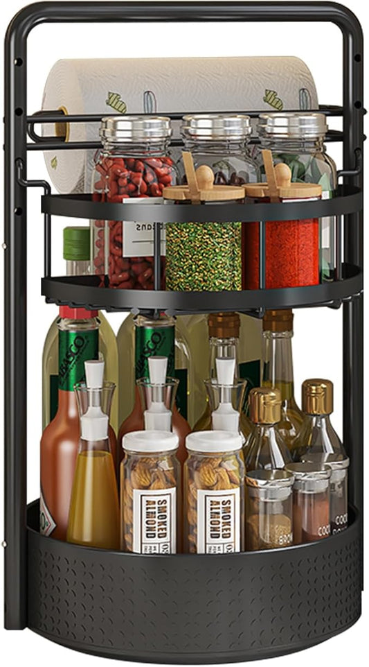2 Tier Rotating Spice Rack Organizer with Paper Towel Holder, Lazy Susan Turntable Kitchen Organizer for Countertop & Cabinet, Metal Spice Rack for Bottles, Jars, Condiments, Black