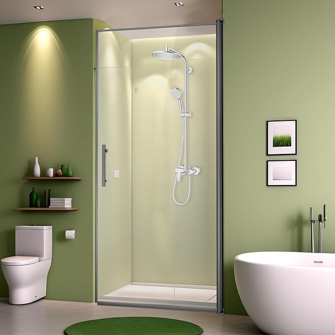 34" Wx72 H Frameless Reversible Pivot Shower Door, 1/4" Clear SGCC Tempered Glass, 304 Stainless Steel Hardware, Water Protection Seal Stripes Plus Glass-Fixing Aluminum Stripe
