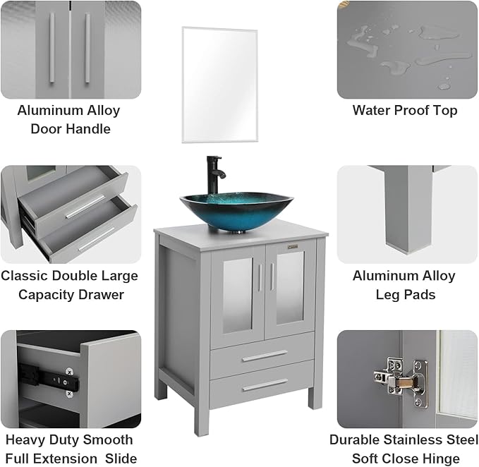 eclife 24" Modern Bathroom Vanity Sink Combo Freestanding Cabinet with Soft Closing Door, Turquoise Square Glass Vessel Sink, Water Save Faucet, Drain (Gray+A10)