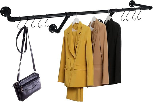 HouseAid 48 Inch Industrial Pipe Clothes Rack, Farmhouse Iron Garment Rack, Vintage Style Hanging Rod for Closet, Wall Mounted, Matte Black (Hooks Included)