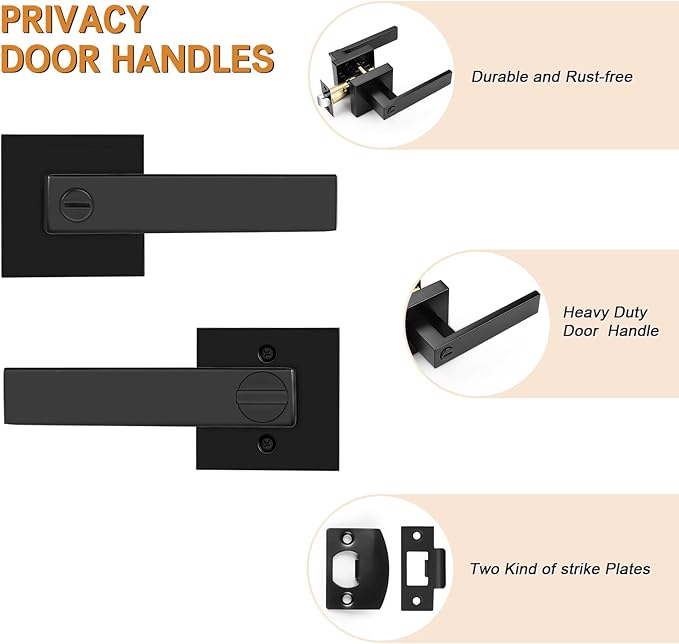 Probrico Matte Black Square Privacy Door Levers Bed Bath Door Handles, Heavy Duty Interior Keyless Door Locks for Left or Right Sided Doors, 4 Pack, Modern Design