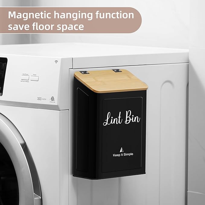 SUBEKYU Metal Magnetic Lint Bin for Laundry Room, Wall Mounted Lint Box Holder with Lid for Dryer,Laundry Room Organization and Storage,Bamboo Lid Lint Basket,Black