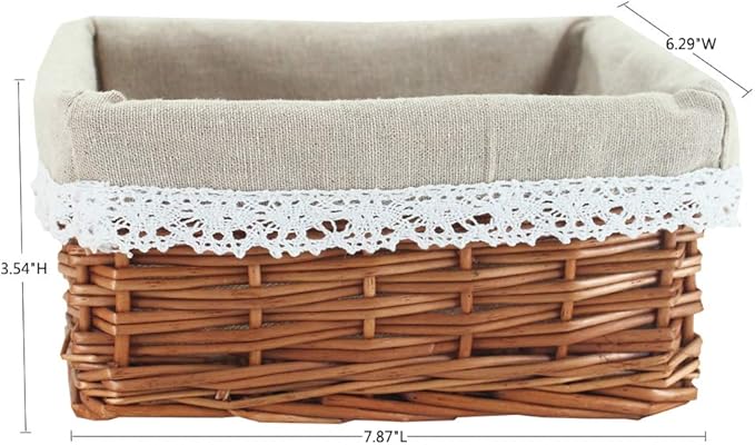 KINGWILLOW Wicker Storage Basket with Liner 3pcs Small Willow Rectangular Handmade Basket for Sundries neatening, (3pcs)