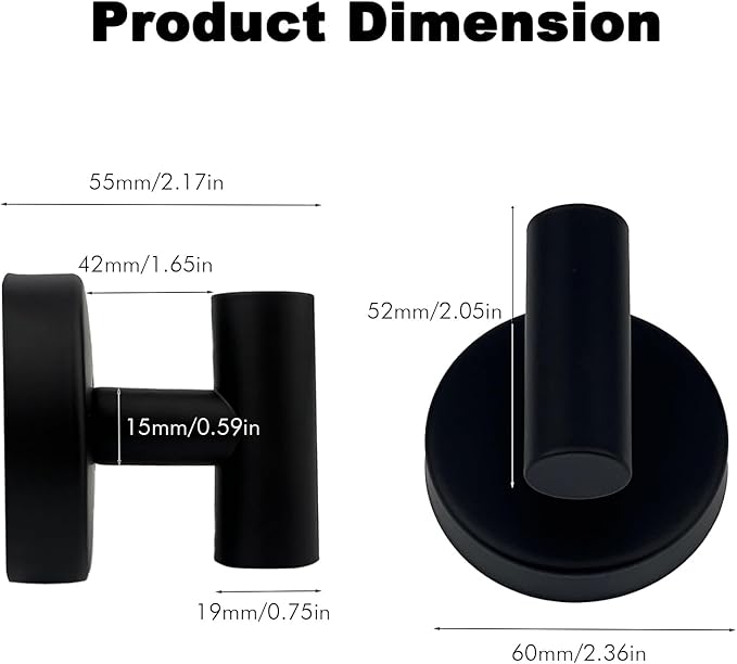 6 PCS Suction Cup Shower Towel Hooks, Wall Mount Robe Holder, Heavy Duty No Drill Wall SUS304 Waterproof Stainless Steel Hooks for Bedroom, Bathroom, Kitchen, Hotel and Office (Matte Black)