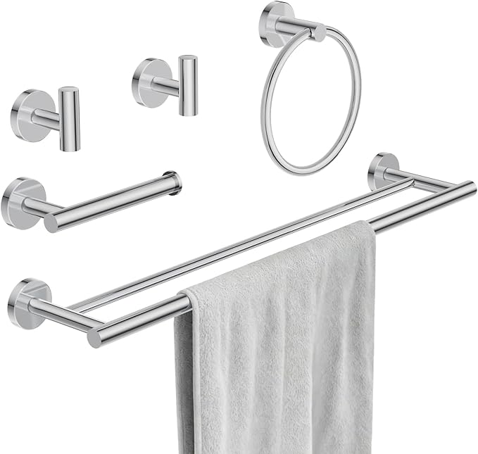 Bathroom Hardware Accessories Set 5 Pieces Polished Chrome 24" SUS 304 Stainless Steel Bath Double Towel Holder Bar Set Towel Rack Combination Wall Mounted for Kitchen, Laundry, Bedroom