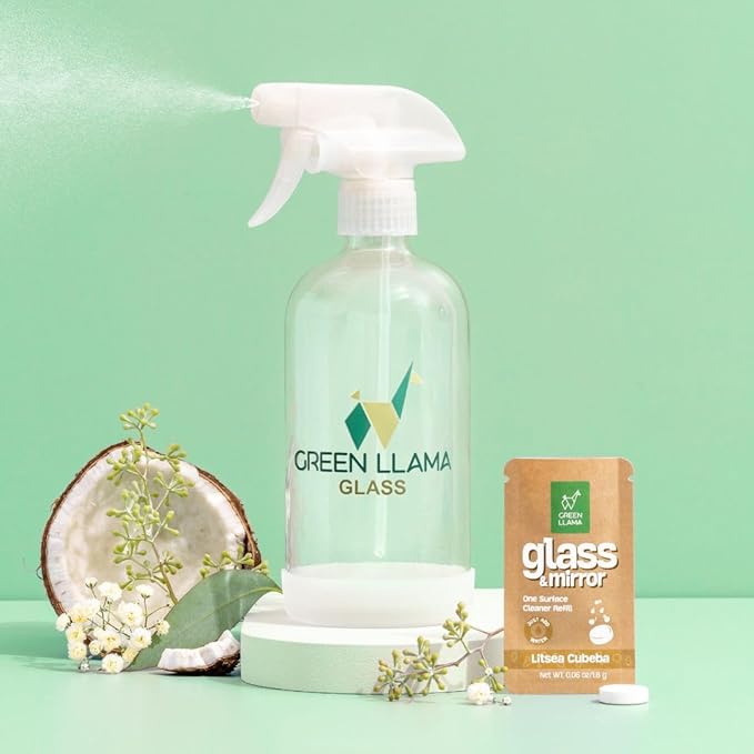 Green Llama Eco-Friendly Glass and mirror Cleaning Spray | 16oz Glass Bottle, 3 Refill Tablets, Listea Cubeba Scent - Natural, Sustainable, Safe for Home Surfaces | Ideal for Eco-Shoppers