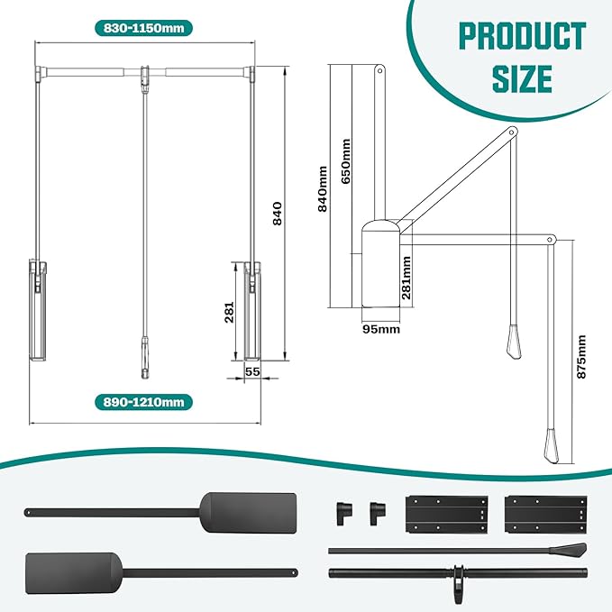 Pull Down Closet Rod, Adjustable 35-47.6 Inch Wardrobe Lift Rail Organizer Two-way Buffering Heavy Duty Wardrobe Hanger for Cabinet, Organizer Storage System Side Mounted, 33 lbs Load Capacity