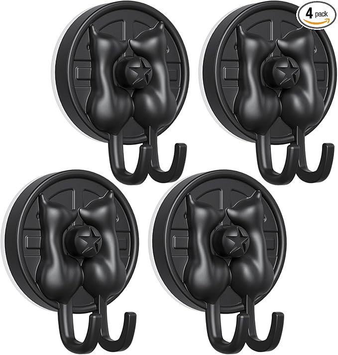 AST Cute Double-Cat Suction Cup Hook, 4 Pack, Heavy Duty Hooks, Upgraded Reliable Force of Both Adhesion and Vacuum, Wall Holders for Loofah, Towel, Coat and Bath Robe, Waterproof Hanger, Matte Black