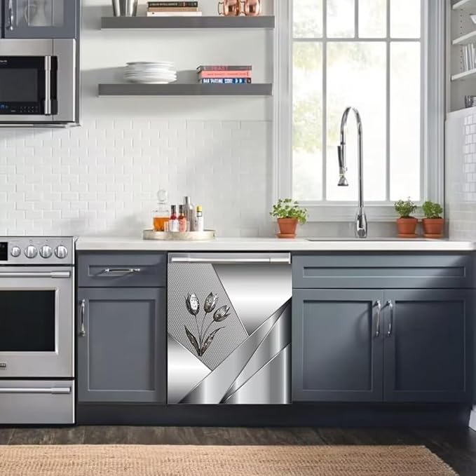 Generic Polished Metal Texture Dishwasher Magnetic Cover for Door Front,Silver Stainless Steel Flowers Refrigerator Magnet Decor Floral Magnet Panel Decal, Fridge Home Appliance Sticker 23x26inch