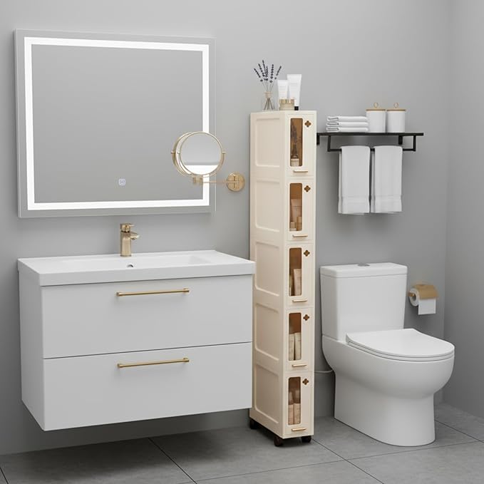Weysat Narrow Bathroom Storage Cabinet with Wheels Slim Storage Organizer with Transparent Doors and Shelves for Small Space, Bathroom, Bedroom, Kitchen(5 Tiers)