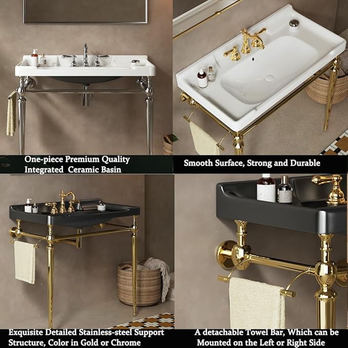 36" Bathroom Console Sink, Wall-Mounted Black Ceramic Vanity Basin with 3 Pre-drilled Faucet Holes, Freestanding Gold Stainless Steel Support Legs with Towel Bar, No Faucet - Rome, Black