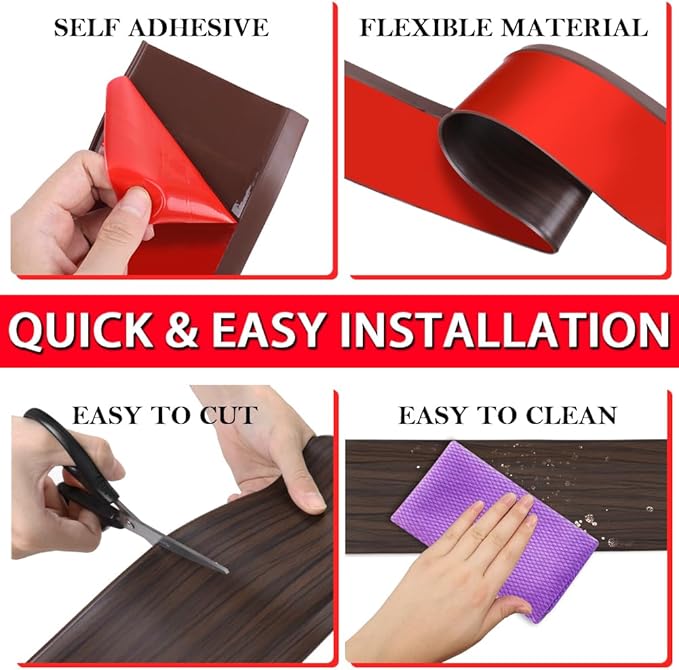 Vinyl Wall Base Baseboard Molding Trim 6" Flexible Self Adhesive Rubber Wall Base Moulding Trim Peel and Stick Design, 6 Inch x 20 Feet, Brown Wood