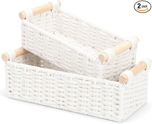 Boho Cotton Rope Storage Baskets Set of 2, Woven Wicker Organizer Bins with Wooden Handles, Small Decorative Boxes for Organizing, Toilet Paper Baskets for Bathroom Countertop, Shelves (White 2 Pack)