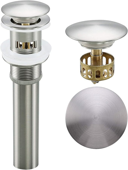 1 1/4 Brushed Nickel Sink Drain, Bathroom Pop Up Drain with Removable Brass Strainer Basket,with Overflow Vessel Lavatory Vanity Sink Drain Stopper, 83606-1BN.