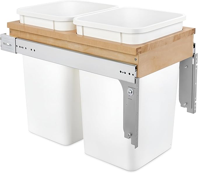 Rev-A-Shelf Top Mount Double Pullout Under Cabinet 27 Quart Kitchen Trash Cans with 150 Pound Rated Full-Extension Slides, 4WCTM-15DM2