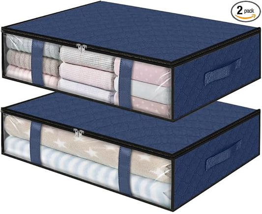 StorageRight Under Bed Storage Bags 2 Pack, 40L Large Clothes & Comforter Storage Containers with Clear Window, Breathable Fabric Organizer for Blankets, Bedding, Seasonal Clothing, Blue