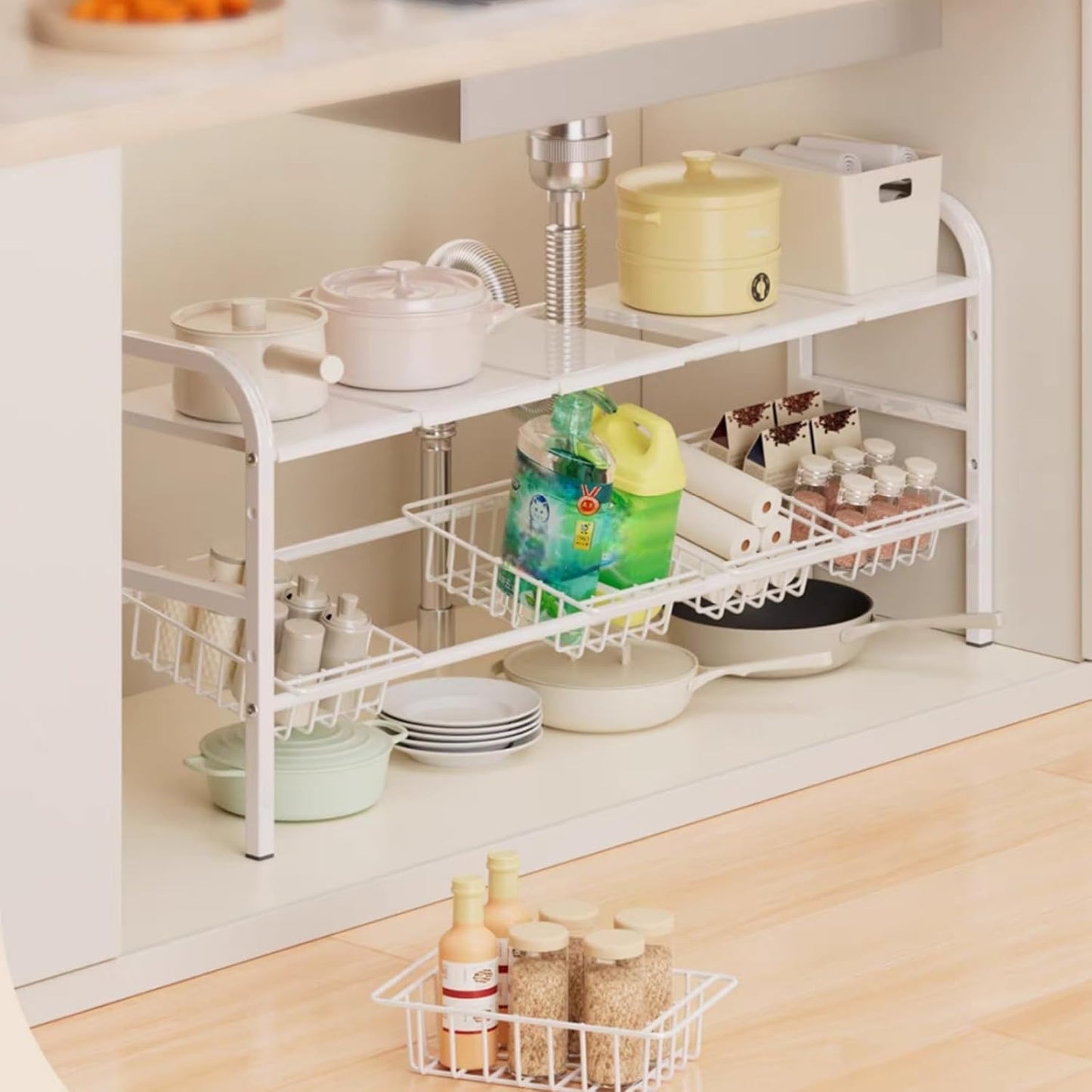 Under Sink Organizer，2 Tier Expandable Heavy Duty Metal Shelf，with 5 Removable Panels and 5 Storage Basket for Under Kitchen Bathroom Sink Organizers and Storage(White, Large)