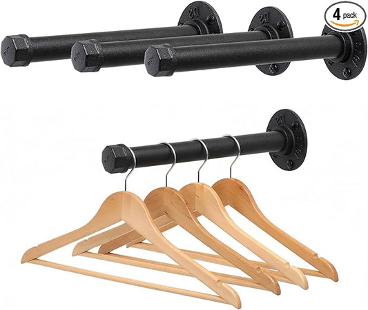 Wall Mounted Clothes Rack, Industrial Pipe Clothing Rack for Hanging Clothes, Heavy Duty Cast Iron Garment Racks for Wardrobe Organizers, DIY Closet Rods Closet Bar (Black 4 Pack, 8 Inch)