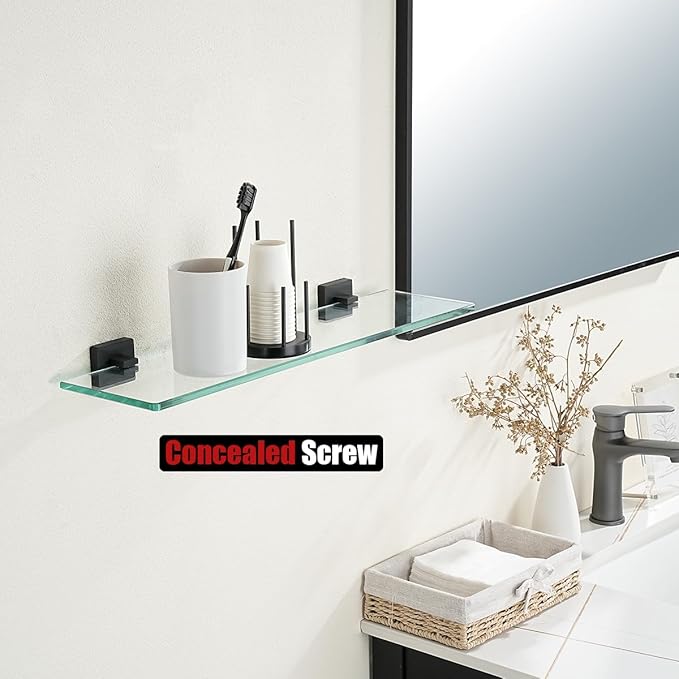 JQK Bathroom Glass Shelf Black, Tempered Glass Shower Storage 20 by 5 inches, 304 Stainless Steel Matte Black Wall Mount, TGS201L20-PB