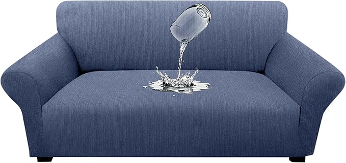 Waterproof Stretch Spandex Loveseat Couch Cover - Non-Slip Soft Sofa Slipcover with Elastic Bottom, Washable Leakproof Furniture Protector for Kids, Pets, Dogs & Cats (Loveseat, Blue Gray)