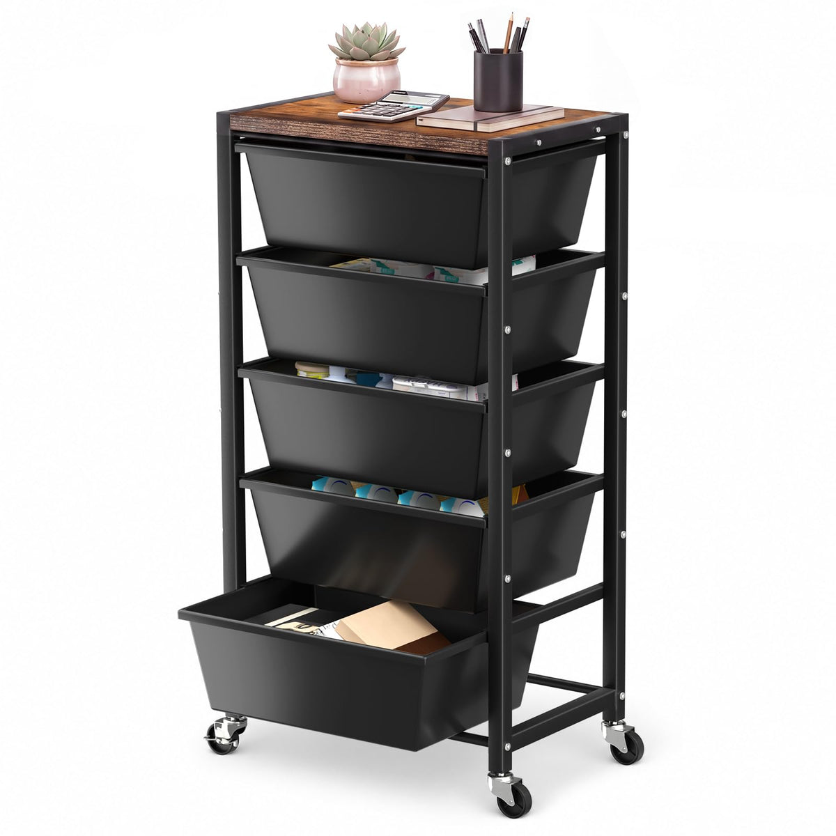 Rolling Cart with 5 Drawers, Plastic Drawer Storage Carts - Image 1