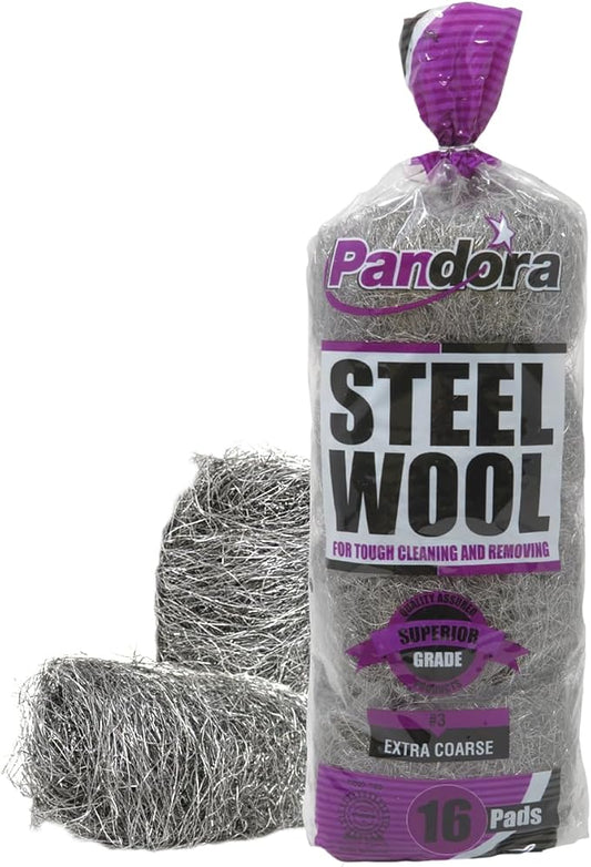 Pandora Steel Wool #3 – Extra Coarse Grade, 16 Pads for Tough Cleaning and Removing - Quality Metal Strands - Ideal to Remove Rust, Grime, and Stubborn Stains