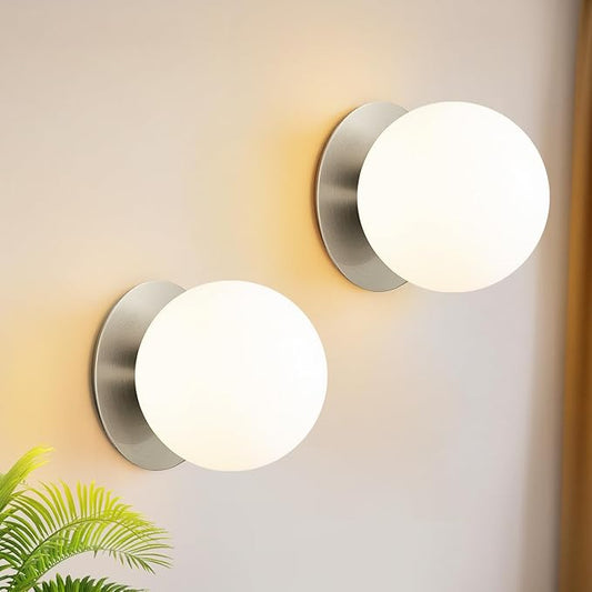 2 Pack Modern Brushed Nickel Wall Light Fixtures, Mid-Century Globe Glass Wall Sconces Set of Two for Bathroom Mirror, Living Room, Hallway, Entryway (Bulbs Not Included)