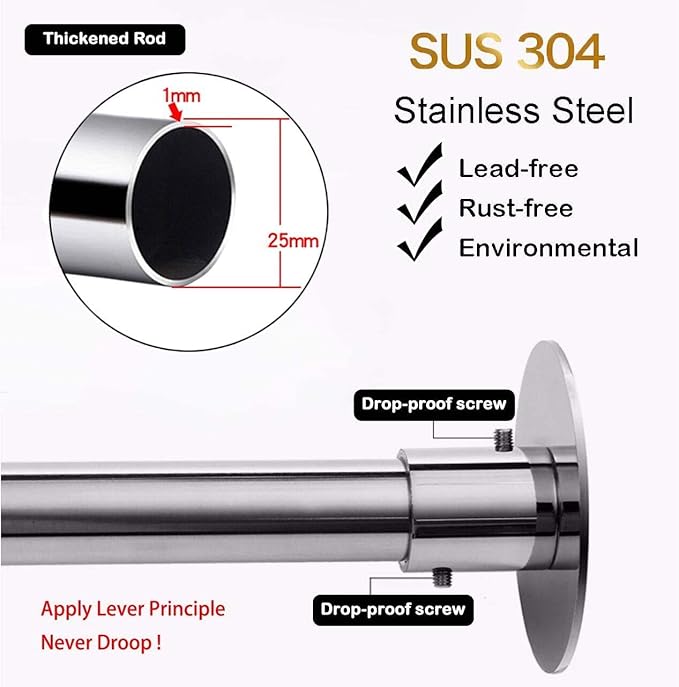 Corner Shower Curtain Rod Adjustable Stainless Steel L Shaped Rack Drill Free Install for Bathroom, Bathtub, Clothing Store (27"-39"x27"-39")