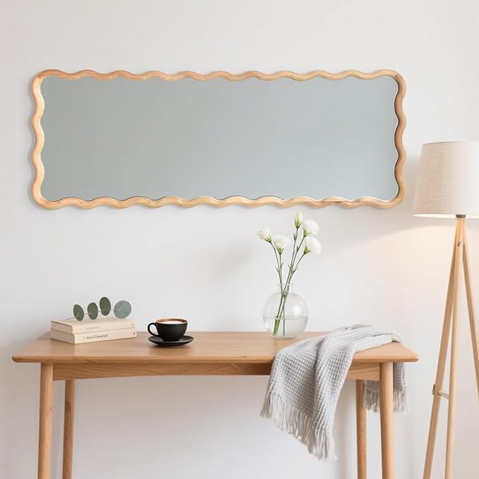 18"x48" Long Irregular Wavy Full Length Wall Mirror, Wood Framed Full Body Floor Mirror Leaning Against Wall for Dressing Bedroom Living Room Cloakroom Horizontal or Vertical Hanging Nature