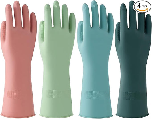 Bamllum 4 Pairs Dishwashing Gloves – Reusable Rubber Cleaning Gloves for Kitchen, Bathroom & Household, Durable & Flexible, Colorful Non-Slip Design (Large)