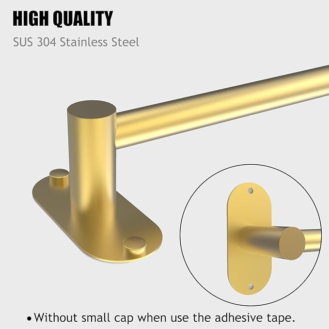 Towel Bar, Adjustable 14.4inch - 25.2inch Towel Rack, Self Adhesive & Wall Mounted for Bathroom Kitchen Hand Towel Holder Cloths Hanger SUS 304 Stainless Steel Organizer Single Bar (3, Gold)