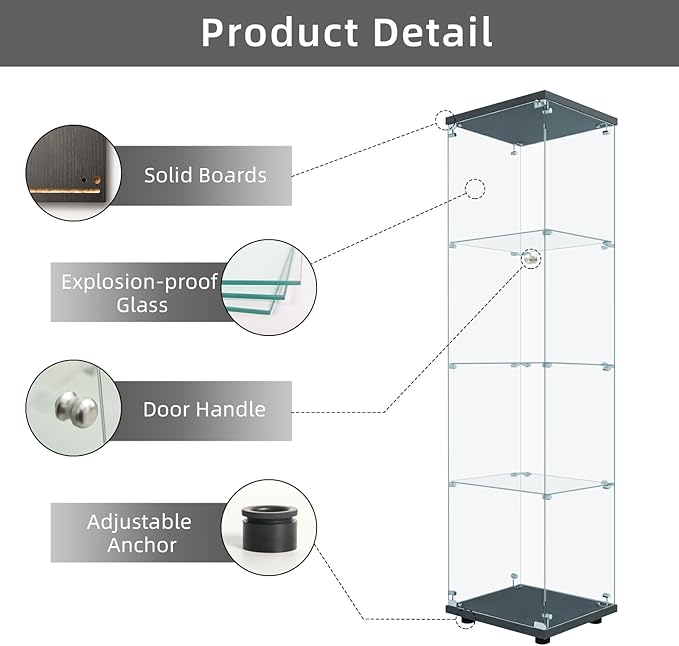 LFT HUIMEI2Y Glass Display Cabinet 4-Shelf with Door and Lock, Curio Cabinets Upgraded Quick-Install Style Tempered Glass Floor Standing Bookshelf for Bedroom, Living Room 65”x 17”x 14” Black