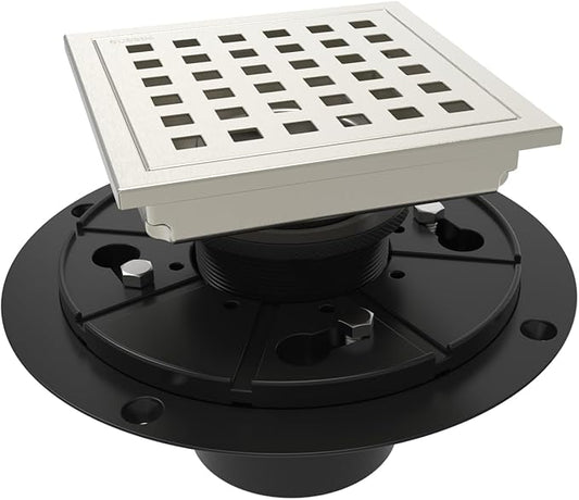 WEBANG 4 Inch Square Shower Floor Drain with Flange,Quadrato Pattern Grate Removable,Food-Grade SUS 304 Stainless Steel,Watermark&CUPC Certified,Brushed Nickel
