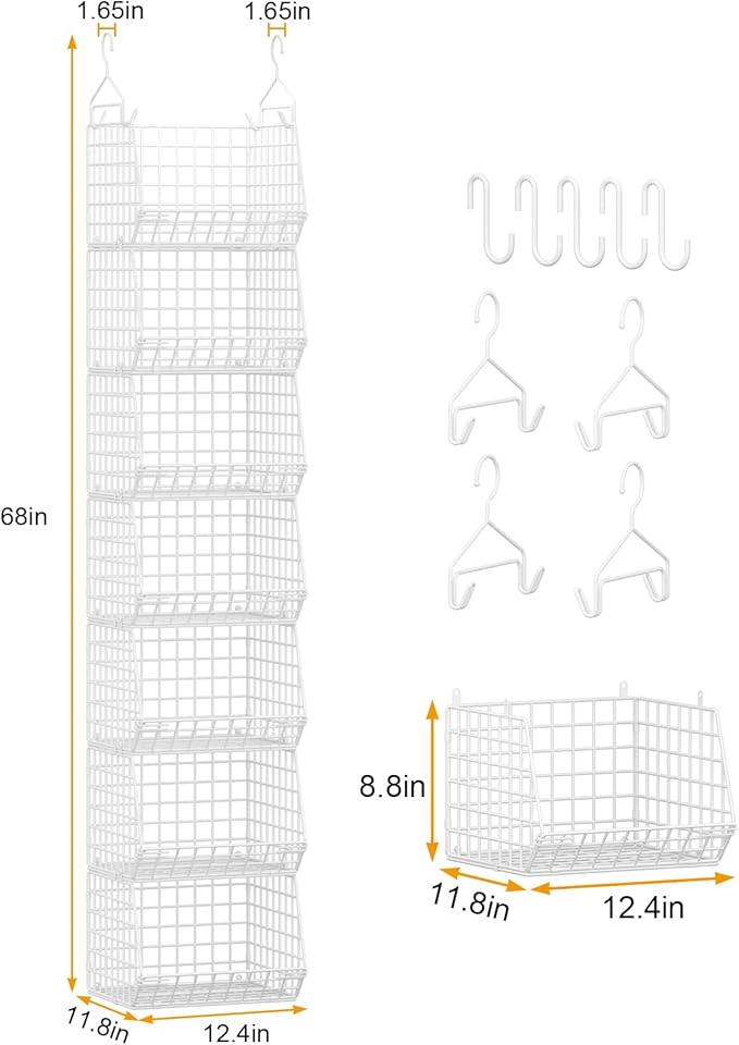 X-cosrack 7 Tier Hanging Closet Organizer and Storage, Foldable Wire Closet Shelving with 5 S Hooks,Hanging Basket for Clothes Sweaters Shoes Handbags,Wardrobe Kitchen Laundry Room-White