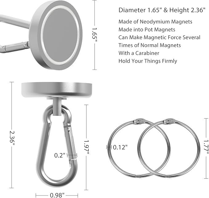 Ant Mag Magnet Hooks Heavy Duty 160LBS Neodymium Magnet with Swivel Carabiner Snap Hook for Indoor/Outdoor Hanging Bag Kitchen Garage Cruise Ship (4 Pack)