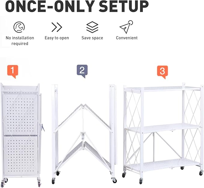 Folding Shelf Foldable Shelves with Wheels - Folding Shelves No Assembly, Collapsible Shelf Unit Display, Kitchen Organizers and Storage, Pop Up Heavy Duty Rack , 3-Tier White 28"D x 14"W x 34"H