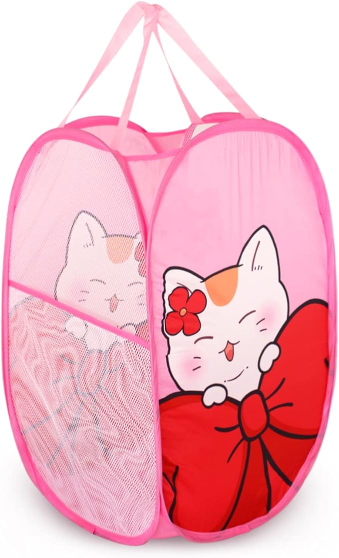 Cute Foldable Laundry Toys Tidy Clothes Socks Basket Storage Bag (Pink Kitty Cat)