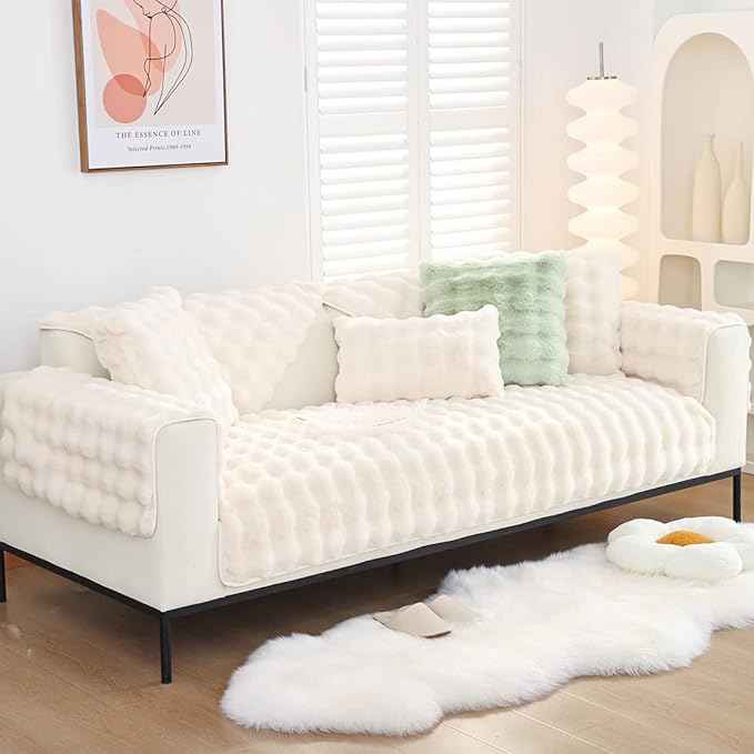 Soft Warm Faux Fur Couch Sofa Cover Thick Shaggy Fuzzy Sectional Couch Cover Non-Slip Solid Color Plush Sofa Slipcover Furniture Protector for Kids, Pets (Cream,43"x82")
