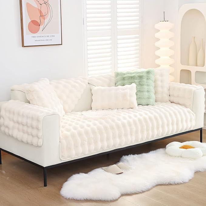 Soft Warm Faux Fur Couch Sofa Cover Thick Shaggy Fuzzy Sectional Couch Cover Non-Slip Solid Color Plush Sofa Slipcover Furniture Protector for Kids, Pets (Cream,28"x28")