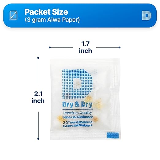Dry & Dry 3 Gram[100 Packets] Orange Indicating Silica Gel Packets Desiccant Dehumidifiers - Food Safe Silica Packs, Silica Gel, Moisture Absorbers, Silica Packets, Desiccant Packs