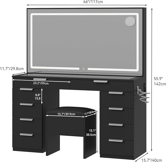 YITAHOME Vanity Desk with LED Mirror & Power Outlets, 10 Drawers Makeup Vanity Table with Storage Stool, Sturdy Wooden Vanity with 3 Color Modes