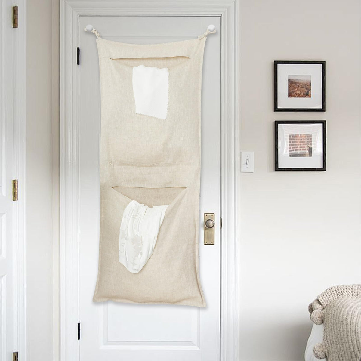 100% Linen Hanging Laundry Bag with 2 Compartments, Over the Door - Image 1
