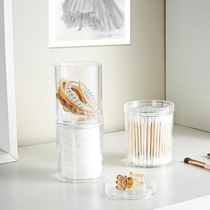 SheeChung 6-Pack Clear Stackable Qtip Holder Dispenser - Mixed (10oz & 12oz) Apothecary Jars with Storage Lids - Whole Home Bathroom Organization Set for Cotton Swabs, Balls, Pads