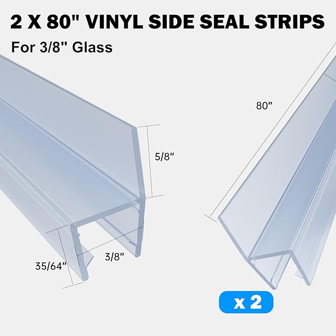 2pcs Shower Door Side Seal Strips, 80” Long H-Type Pivot Glass Door Side Seal, Stop Shower Leaks, Suitable for 3/8" Glass