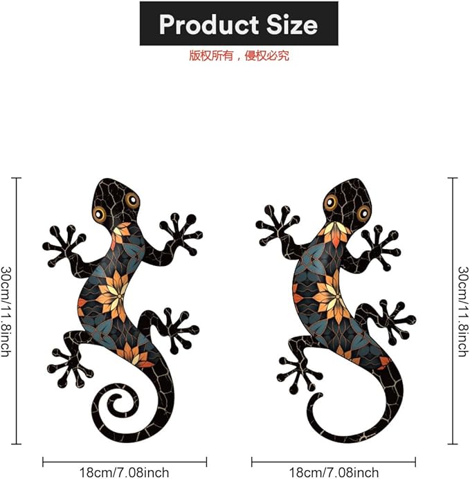 Metal Gecko Outdoor Wall Decorations, 2 Pcs 11.8 inch Gecko Wall Hanging Sculpture for Garden Yard Fence Balcony Porch Home Wall Decorations, Black Metal Wall Art Decor